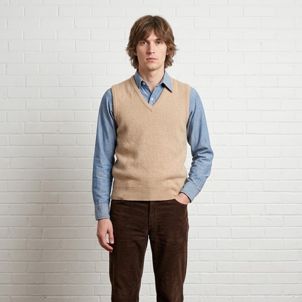 Vintage 70s V Neck Sweater Vest Mens Medium Tan Wool Blend Knit Made in Canada